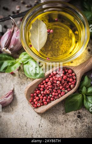 Fresh herbs, olive oil and spices Stock Photo