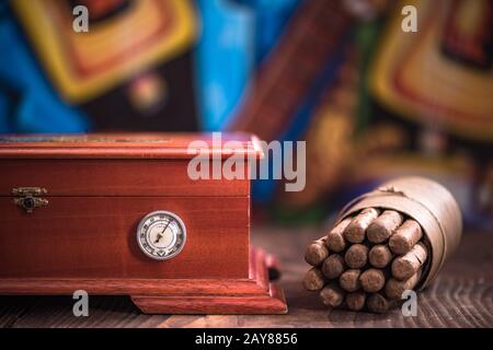 Wooden humidor and cuban cigars Stock Photo