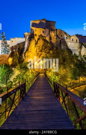 Illuminated hanging houses in Cuenca,Spain Stock Photo