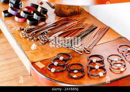 Fashion leather accessories in a shop Stock Photo