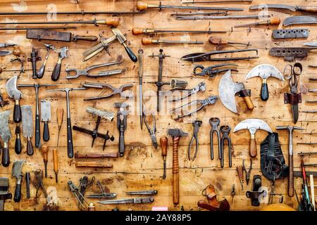 vintage tools on old wooden background Stock Photo
