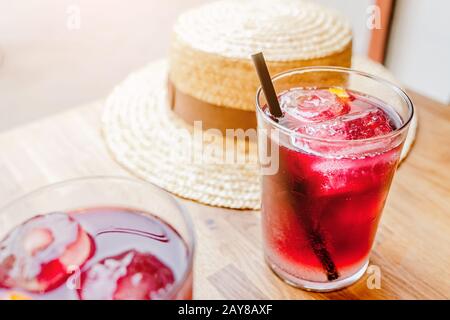 Sangri a spanish fruit drink on a table with hat Stock Photo