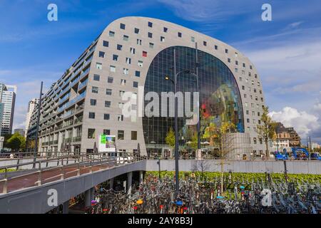 Rotterdam, Netherlands - April 27, 2017: Famous modern market Markthal and bicycle parking in Rotterdam Stock Photo
