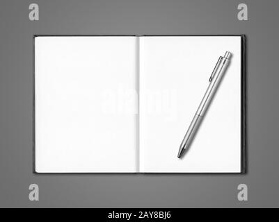 Blank open notebook and pen isolated on dark grey Stock Photo