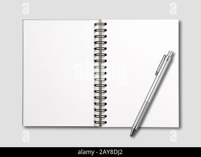 Blank open spiral notebook and pen isolated on grey Stock Photo