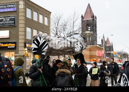 Fridays for Future and other anti-pipeline protesters gather outside of Chrystia Freeland's office to protest RCMP presence on Wet’suwet’en territory. Stock Photo
