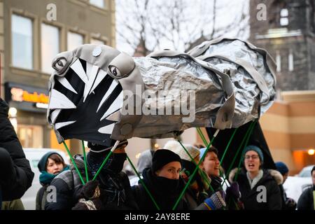 Fridays for Future and other anti-pipeline protesters gather outside of Chrystia Freeland's office to protest RCMP presence on Wet’suwet’en territory. Stock Photo