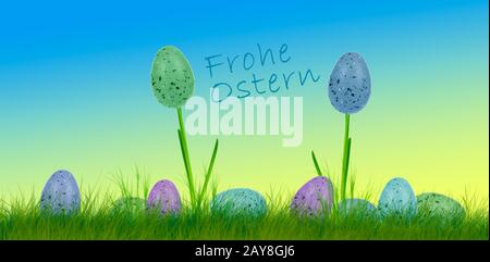 Easter eggs and flowers with the words Happy Easter on an abstract background Stock Photo