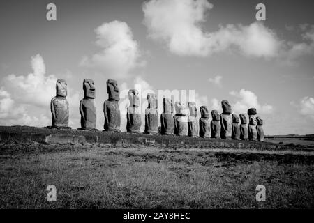 Moais statues, ahu Tongariki, easter island. Black and white picture Stock Photo