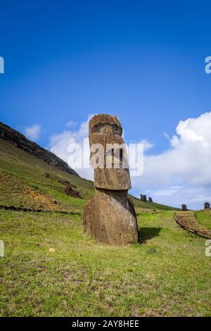 Moais statues on Rano Raraku volcano, easter island Stock Photo