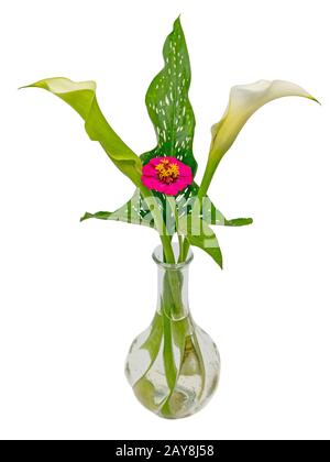 Bouquet of calla, zinnia and lady's mantle isolated on white Stock Photo