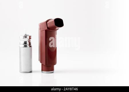 A brown Salbutamol asthma inhaler isolated on a white background Stock ...