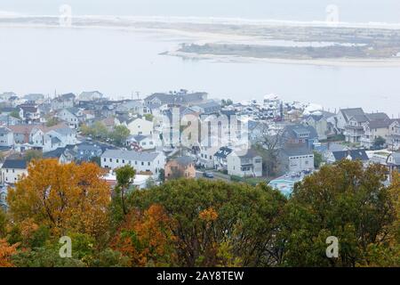 ATLANTIC HIGHLANDS, NEW JERSEY / USA - November 5, 2017: A view of the Highlands in Monmouth County and Sandy Hook as seen from the Twin Lights of the Stock Photo