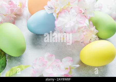 Easter composition with flowers and Easter eggs Stock Photo