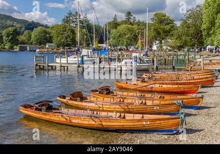 Rowing boats in Ambleside on Lake Windermere, Cumbria Stock Photo