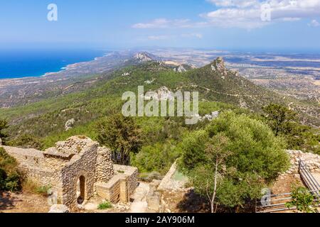Viiew from Kantara Castle overlooking the sea on Kyrenia mountain range, and LKarpasia peninsula,  Cyprus Stock Photo