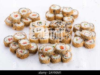 Japanese food restaurant, sushi maki gunkan roll plate or platter set. Sushi set and composition Stock Photo