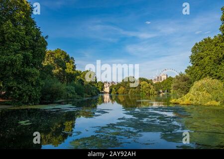 St James's Park in  London with London Eye in the background. Stock Photo