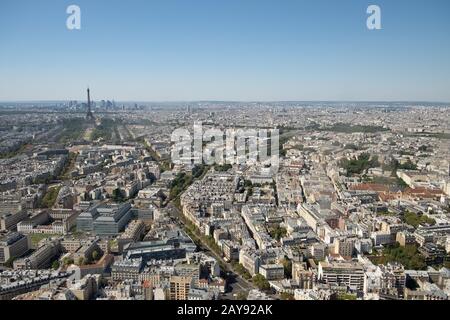 Paris skyline with Eiffel Tower, Les Invalides and business district of Defense, as seen from Montparnasse Tower, Paris, France Stock Photo
