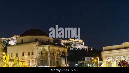 Evening view of the Acropolis monument from Monastiraki Square, Athens Stock Photo