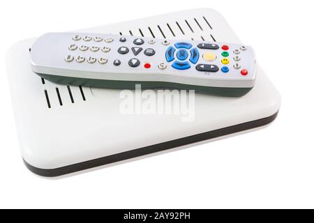 Stacked Remote and Receiver for Internet TV on white side view Stock Photo