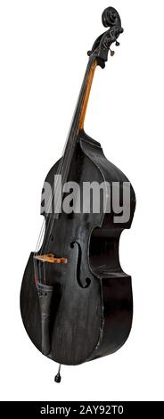 Old standing black double bass isolated on white Stock Photo