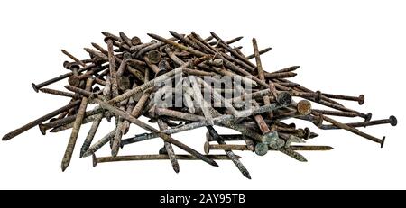 Old used rusted rusted nails piled up and isolated on white Stock Photo