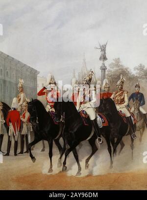 Russian Emperor Nicholas I Pavlovich and Grand Duke Alexander Nikolaevich with his retinue. Painting by K. Schmidt, 19th century. Stock Photo