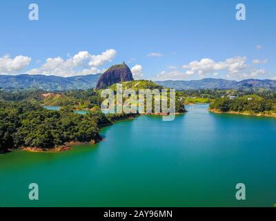 aerial panoramic view of Penol lake and the famous homonym stone Guatape Stock Photo