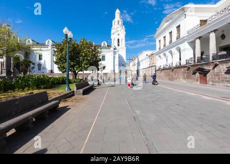 Large plaza park and metropolitan cathedral Quito in a sunny day Stock Photo