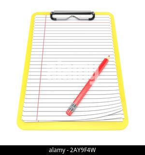 Yellow clipboard and blank lined paper. 3D Stock Photo