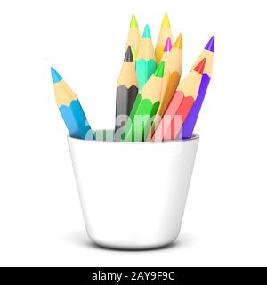 Colored pencils in a white holder. 3D Stock Photo