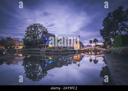 Venice canals at night in Los Angeles Stock Photo