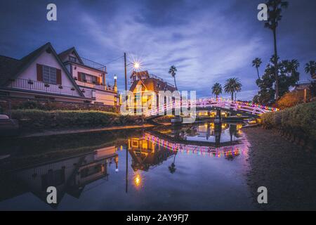 Venice canals at night in Los Angeles Stock Photo