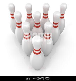 Bowling pins with red stripes, grouped Stock Photo