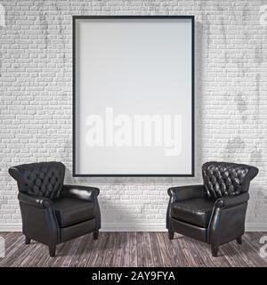 Blank picture frame with black armchairs. Mock up poster. 3D Stock Photo