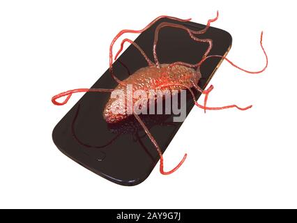 Bacteria found on mobile phone, conceptual illustration Stock Photo