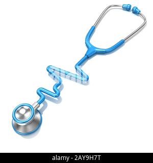 Blue stethoscope in shape of electrocardiogram line ECG, 3D Stock Photo