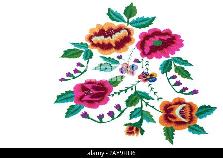 Craft: beautiful embroidered flowers on a white background Stock Photo