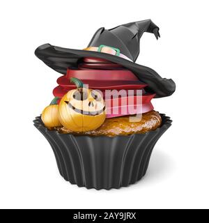 Halloween muffin with Jack O'Lantern and witch hat 3D Stock Photo