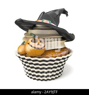 Halloween muffin with Jack O'Lantern and witch hat 3D Stock Photo