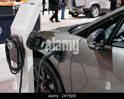 Chicago, Illinois, USA. 13 February 2020. Jaguar I-Pace EV charging port. Chicago Auto Show. Stock Photo