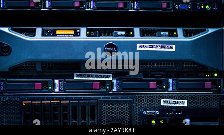 Server room full of racks and servers Stock Photo