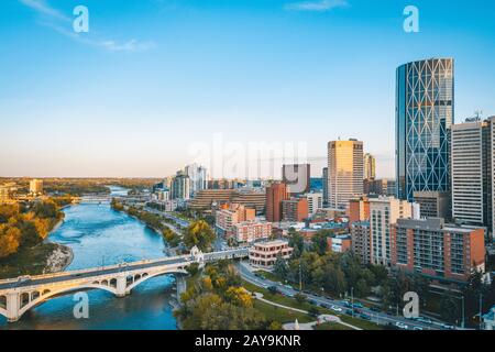 East Downtown Calgary Summer Sunset Aerial Stock Photo