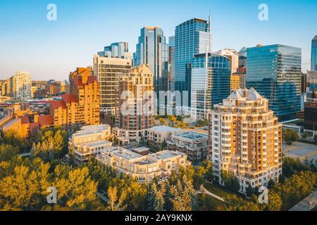 East Downtown Calgary Summer Sunset Aerial Stock Photo