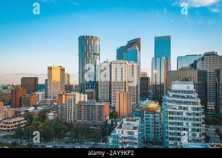 East Downtown Calgary Summer Sunset Aerial Stock Photo