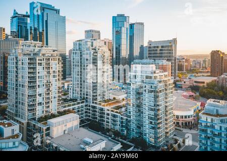 East Downtown Calgary Summer Sunset Aerial Stock Photo