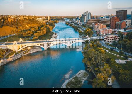 East Downtown Calgary Summer Sunset Aerial Stock Photo