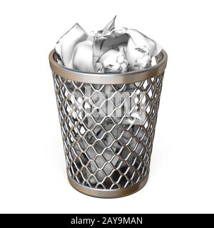 Metal trash bin, full of crumpled paper 3D Stock Photo