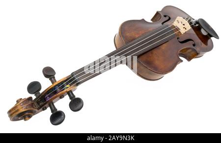 Old dark brown Violin isolated on white Stock Photo